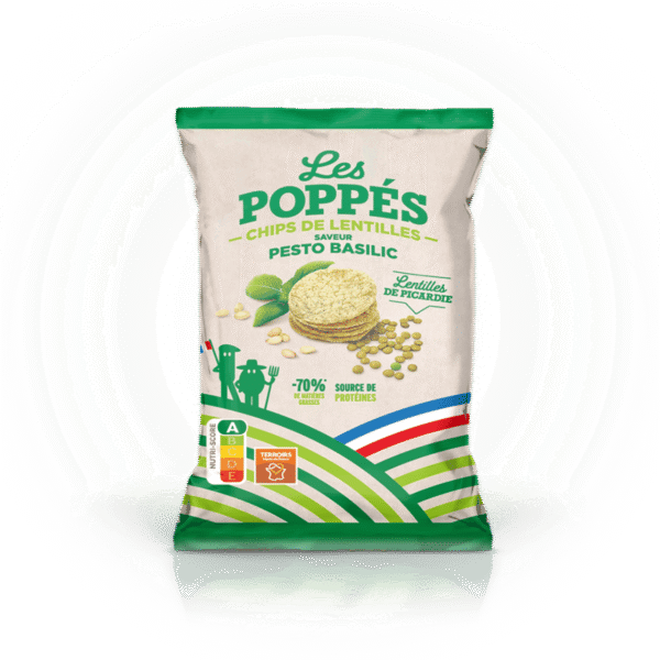 Paquet de chips de lentilles Les Poppés goût Pesto Basilic