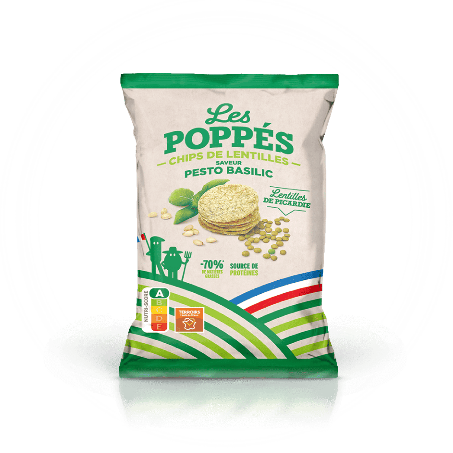Paquet de chips de lentilles Les Poppés goût Pesto Basilic
