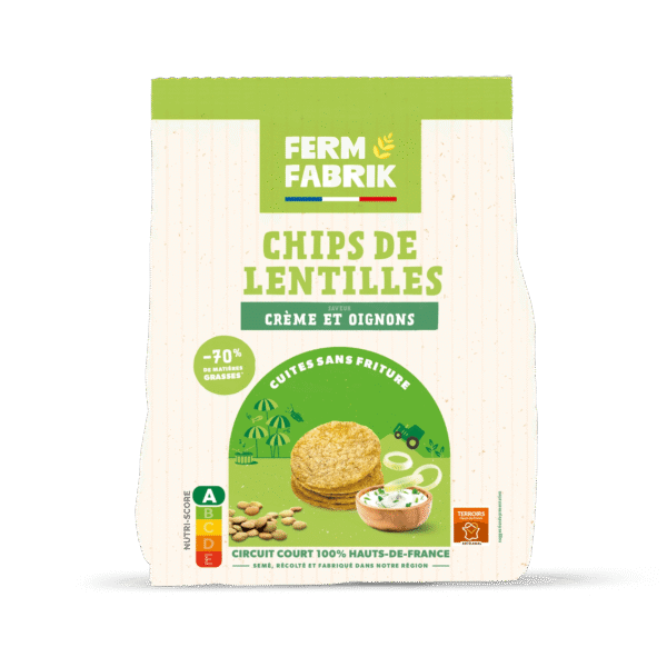 Paquet de chips de lentilles Ferm Fabrik goût Crème et Oignons