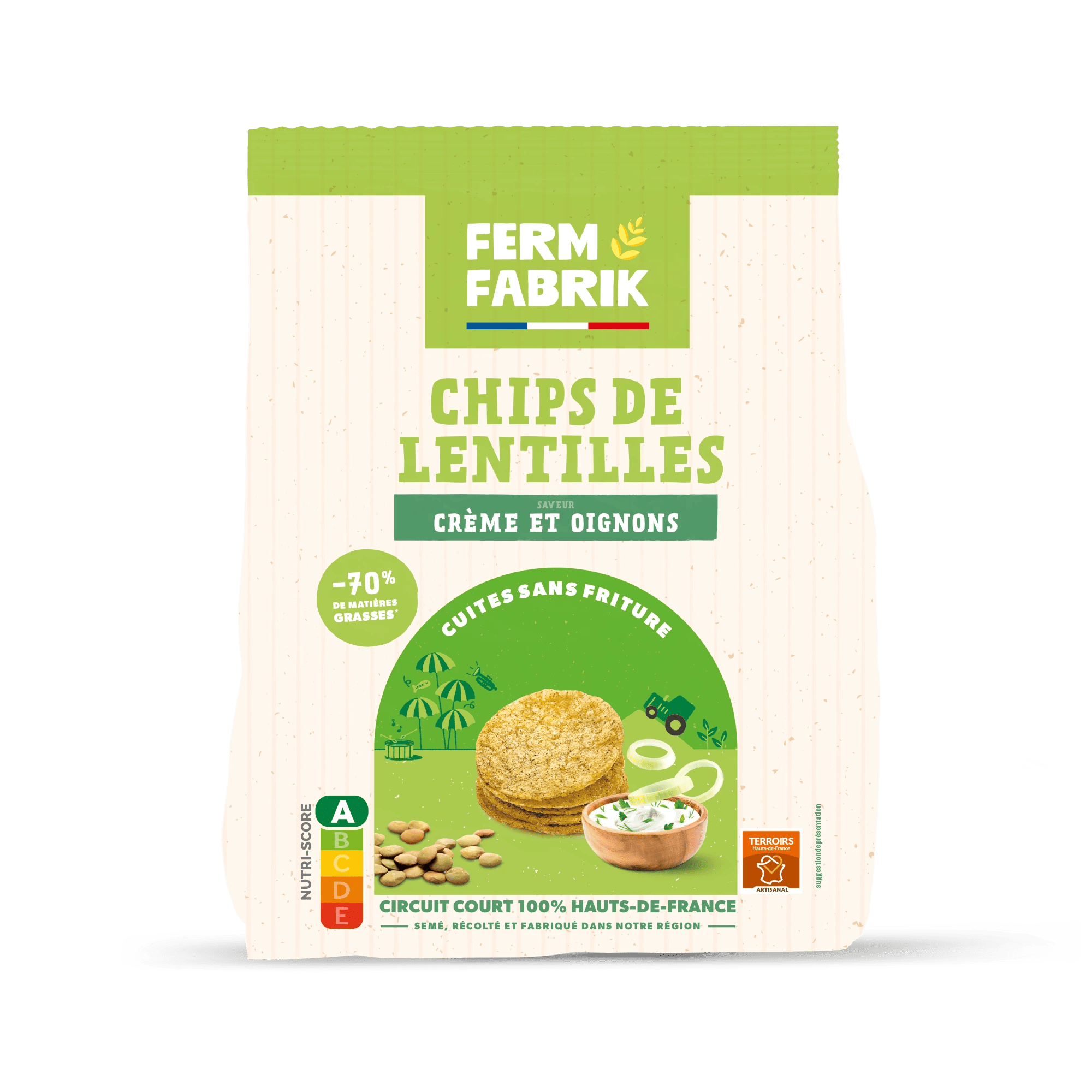 Paquet de chips de lentilles Ferm Fabrik goût Crème et Oignons