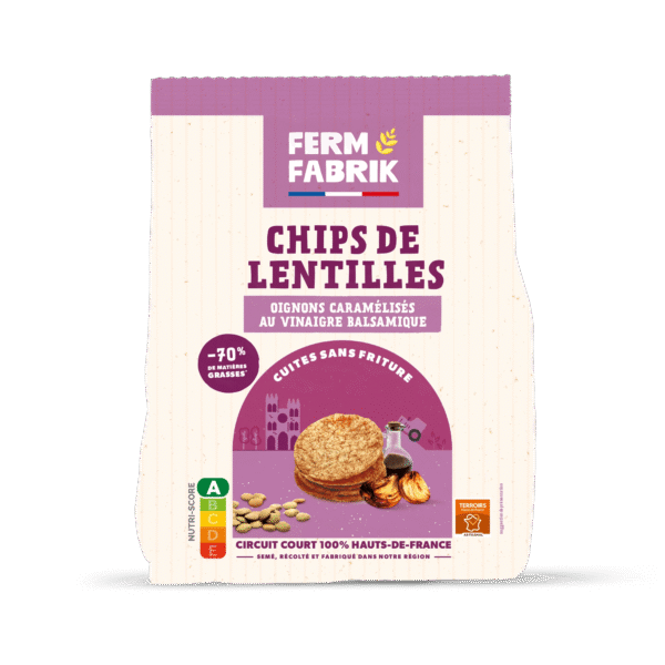 Paquet de chips de lentilles Ferm Fabrik goût Oignons Caramélisés et vinaigre balsamique