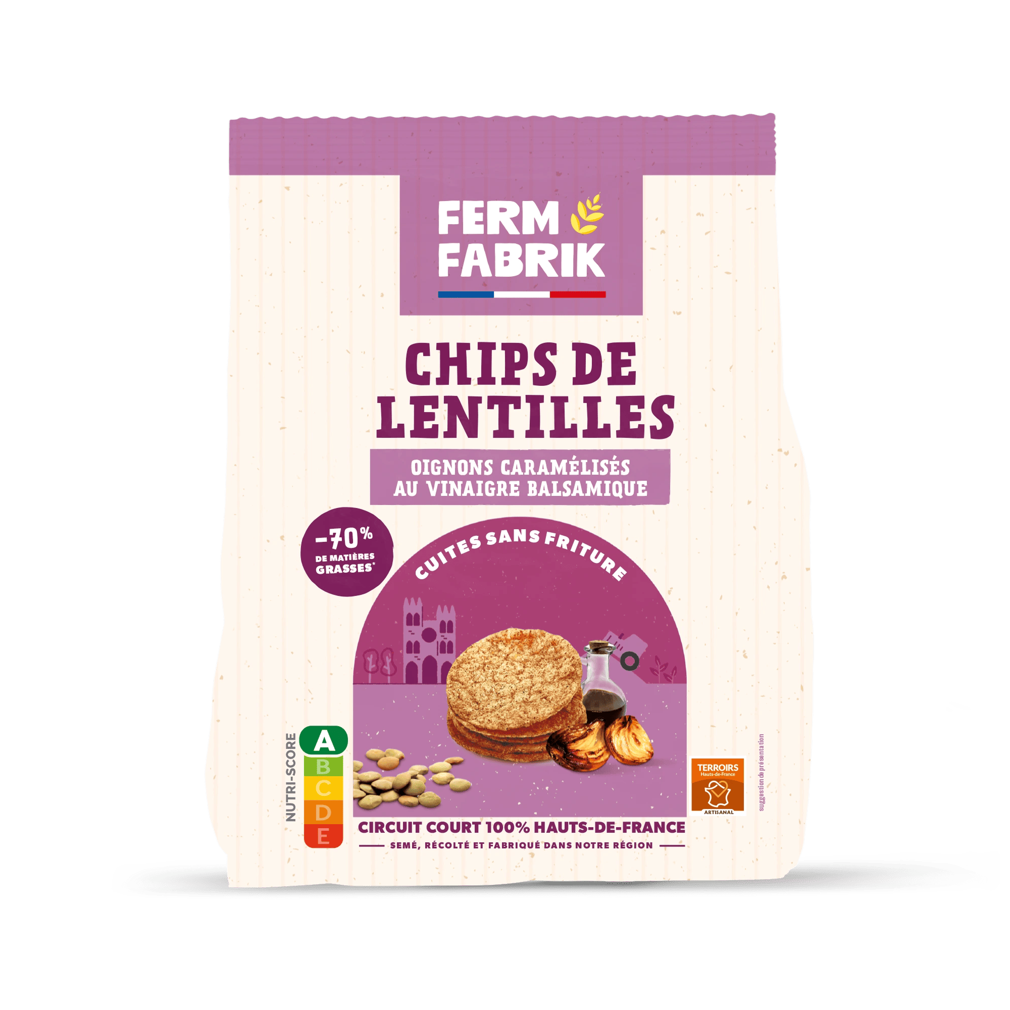 Paquet de chips de lentilles Ferm Fabrik goût Oignons Caramélisés et vinaigre balsamique