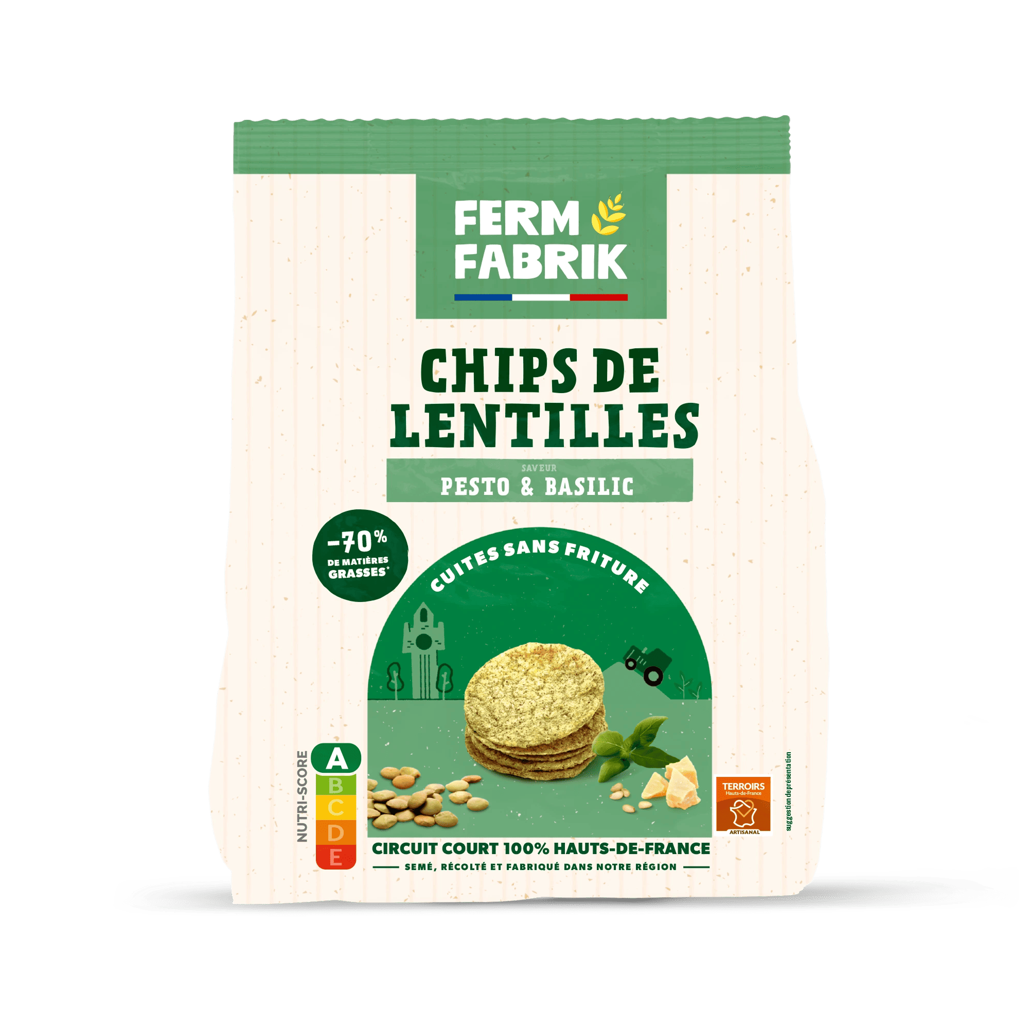 Paquet de chips de lentilles Ferm Fabrik goût Pesto Basilic