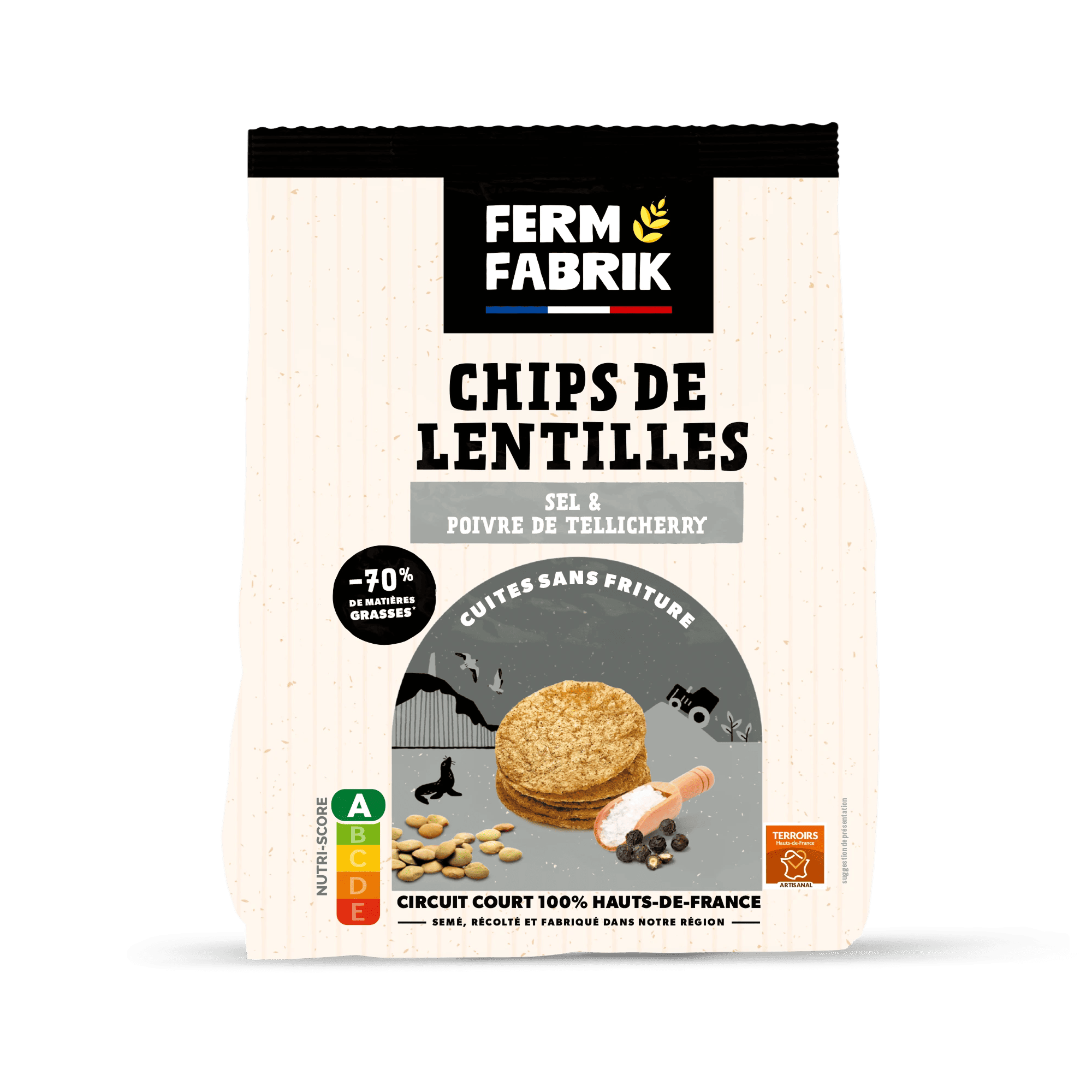 Paquet de chips de lentilles Ferm Fabrik goût Sel & Poivre de Tellicherry