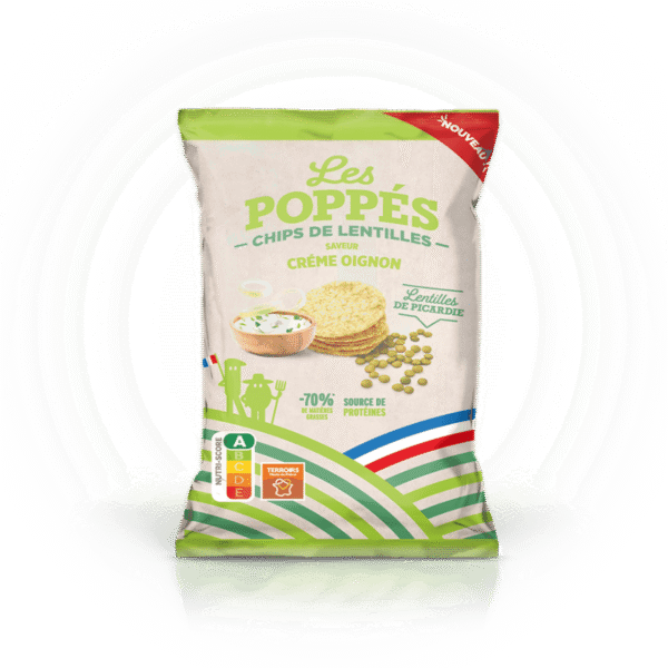 Paquet de chips de lentilles Les Poppés goût Crème & Oignons